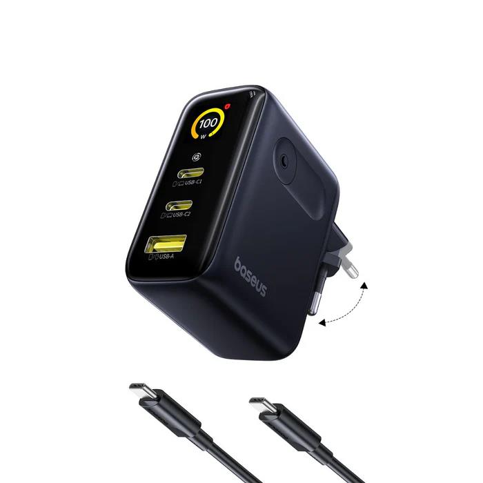 BASEUS PICOGO AE21, ΣΕΤ ΓΡΗΓΟΡΗΣ ΦΟΡΤΙΣΗΣ, 2 ΘΥΡΕΣ, ΜΕ ΚΑΛΩΔΙΟ TYPE-C ΣΕ TYPE-C, 100W, ΜΑΥΡΟ - Image 2