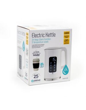 PLATINET KETTLE LCD DISPLAY 1,7L 5 TEMPERATURE SETTINGS + 450 ML TRAVEL MUG, WHITE