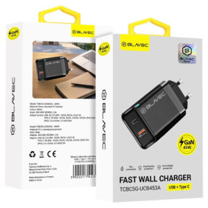 Blavec Φορτιστής Χωρίς Καλώδιο GaN με Θύρα USB-A και Θύρα USB-C 45W Power Delivery Μαύρος (TCBC5G-UCB453A)