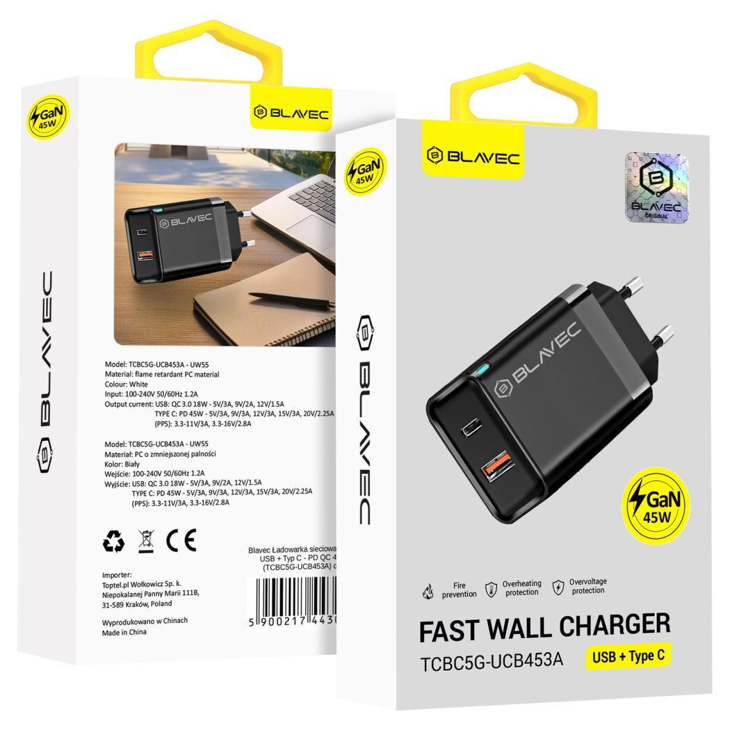 Blavec Φορτιστής Χωρίς Καλώδιο GaN με Θύρα USB-A και Θύρα USB-C 45W Power Delivery Μαύρος (TCBC5G-UCB453A)
